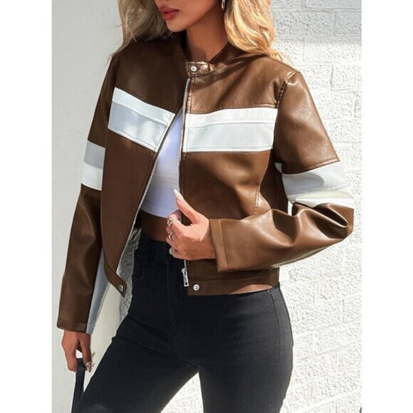 ⭐ Tankaneo Women's Cropped Faux Leather Moto Jacket Color Block Racing Coat - Picture 3 of 5
